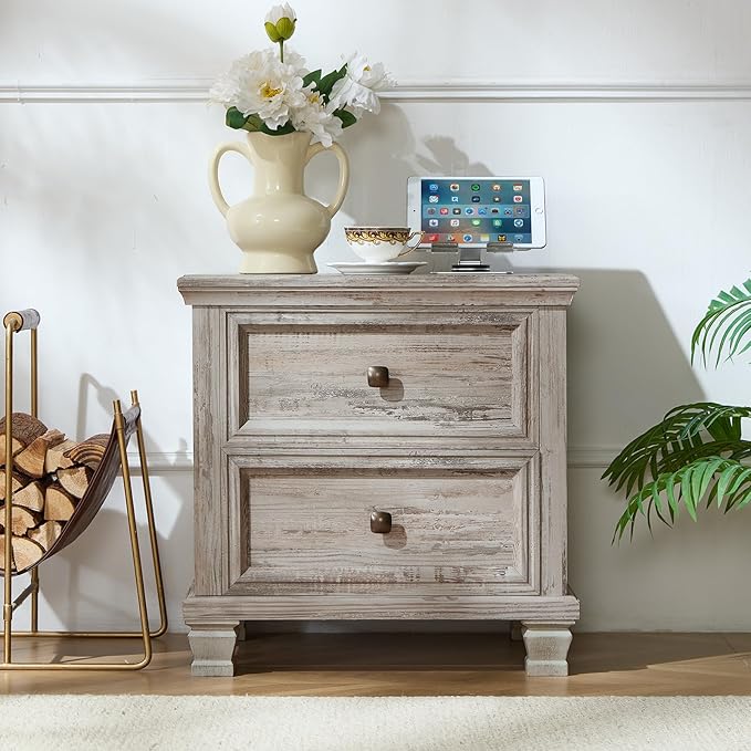Farmhouse Nightstand Set of 2 for Bedroom, Mid-Century Low Nightstands with 2 Drawers & Charging Station, Vintage Night Stands with 4 Square Solid Wood Legs, Small Dresser for Home, Grey