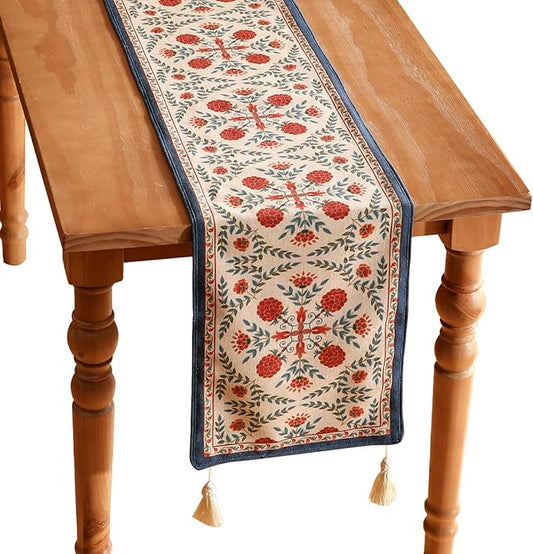 patdrea Designer Vintage Bright Farmhouse Linen Table Runner 102 Inch Long, Maroon Floral Pattern Table Mat, Decoration for Kitchen Dining Table Coffee Table Cabinet Banquet Christmas ,12"*102"