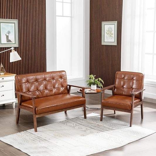 Okeysen Modern Loveseat Sofa Set,Upholstered Leather Couch Love Seats 2-Seat & Accent Chair,Living Room Furniture Sets,Small Couches for Small Spaces Living Room,Apartment,Office(Brown)