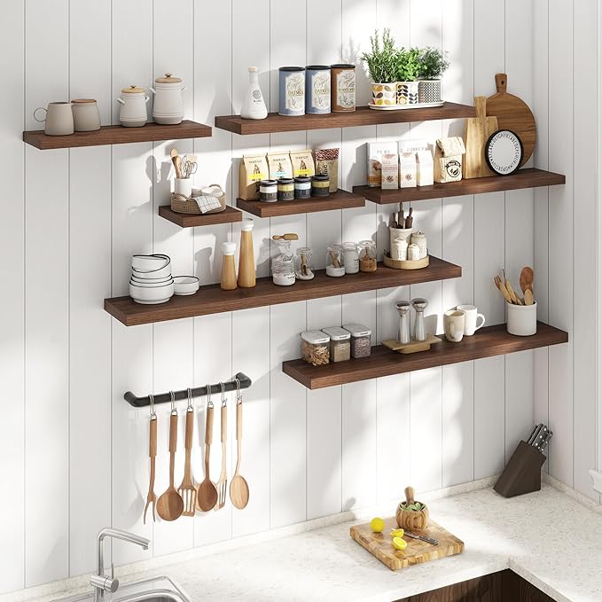 8 Inch Square Floating Shelves for Wall 3 Pack, 8"D Wood Grain Bathroom Shelves with Invisible Brackets, Easy Install Engineered Wood Storage Shelves for Kitchen, Living Room, Bedroom, Walnut Finish