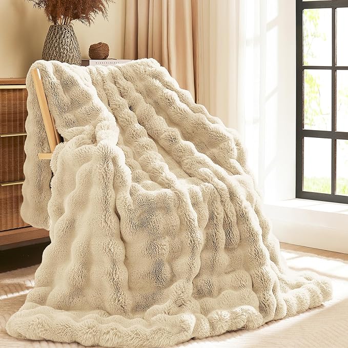 L'AGRATY Faux Rabbit Fur Blanket: 50" x 60" Luxury Soft Fluffy Thick Fur Throw Blanket for Couch Bed Sofa - Cozy Plush Bubble Blankets for Winter: Warm Flannel Fleece Decorative Blanket(Almond White)