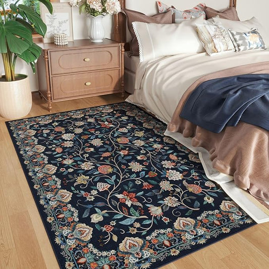Rugcomf Vintage Paisley 3'x5' Area Rug - Machine Washable, Non-Slip Low Pile Small Floral Carpet for Bedroom, Bedside, Kitchen, Entryway, Kids/Girls Room, Office - Blue
