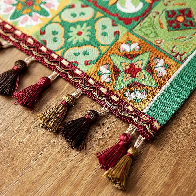 13×72 Inch Table Runner, Retro-Luxury Tassels Series for Kitchen Dining Table Holiday Decoration (Ethnic Green)
