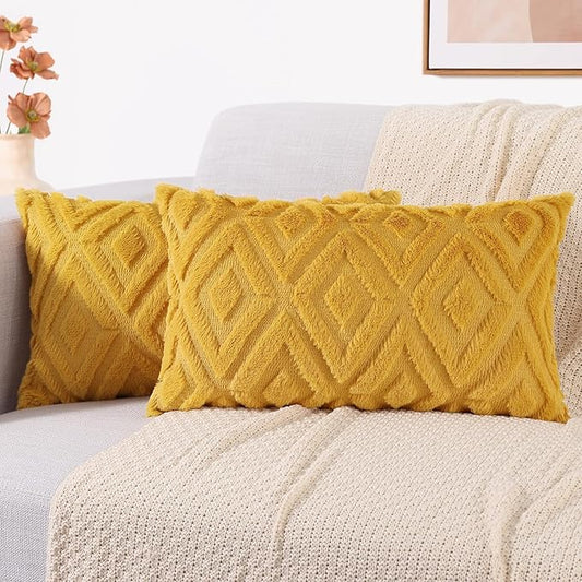 decorUhome Couch Throw Pillow Covers 12x20 Set of 2, Decorative Soft Plush Faux Wool Lumbar Neutral Accent Pillow Covers for Bed Sofa Living Room, Mustard Yellow