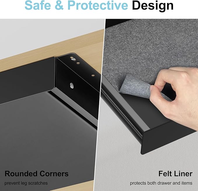 20.1 inch Under Desk Drawer, Pull-Out Storage Organizer with Full Extension Ball-Bearing Slides, Carbon Steel Undermount Drawer for Home Office Standing Desk, Black