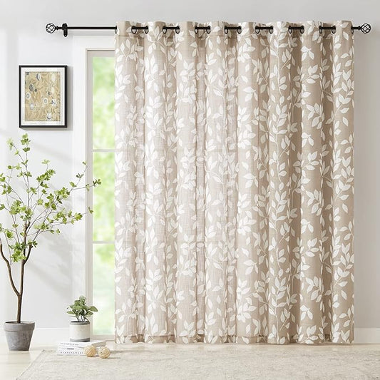 Taupe White Leaf Sheer Curtains for Living Room 84 inch Length Sliding Door Curtains Khaki Print Glass Door Window Draperies Extra Wide Light Filtering Linen Textured Sheer Curtain Panels 100” w 1pcs