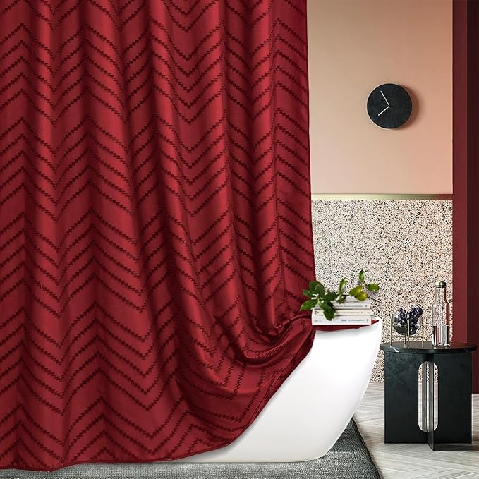84inches Extra Long Burgundy Shower Curtain Boho Farmhouse Shower Curtain 72 x 84 Tufted Chevron Textured Minimalist Shower Curtains for Bathroom