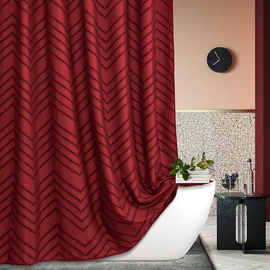 78inches Long Burgundy Shower Curtain Boho Farmhouse Shower Curtain 72 x 78 Tufted Chevron Textured Minimalist Shower Curtains for Bathroom