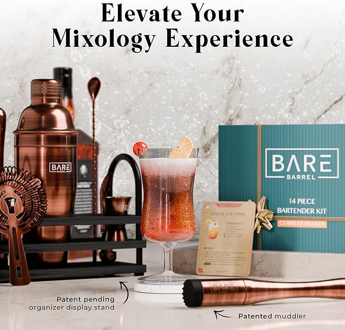 BARE BARREL® Mixology Bartender Kit Bar Set | 14-Piece Cocktail Shaker Set | Martini Barware Mixing Tools for Home Bartending | 35 Recipe Cards | Gift Set (24oz Cobbler Shaker, Copper/Black)