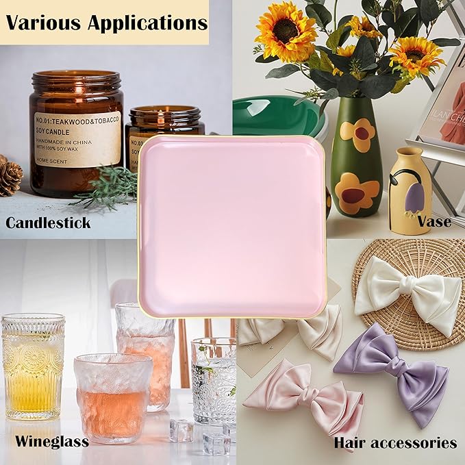 Serving Tray with Gold Trimming, Square Decorative Serving Trays with Handles, Coffee Table Tray Plastic Tray for Ottoman Living Room, Bathroom,Home Decor 13" L x 13" W x 1.57" H(Pink)