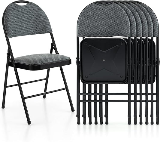 POWERSTONE Folding Chairs Set of 6, Foldable Chair Set with Padded, Handle Hole and Metal Frame Dining Chair Set for Indoor and Outdoor, School, Office and Garden Party (Grey)