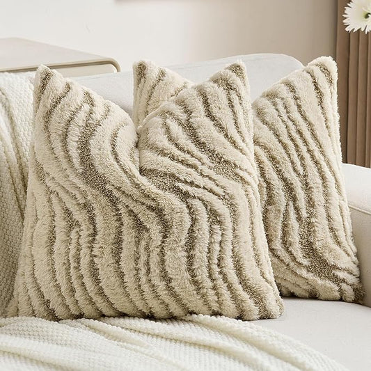 FUTEI Beige Decorative Throw Pillow Covers 26x26 Inch Set of 2,Soft Faux Fur Geometric Shapes Texture Euro Pillow Shams,Boho Home Decor for Couch Bed Living Room
