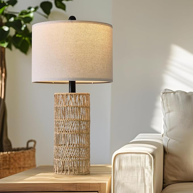 OYEARS 22.5" Boho Table Lamps Set of 2 for Living Room, Bedside Lamp for Nightstands, Rattan Lamp for Bedroom, Farmhouse Table Lamp for Room Decor, End Table, Retro, Brown（Not Include Bulbs）