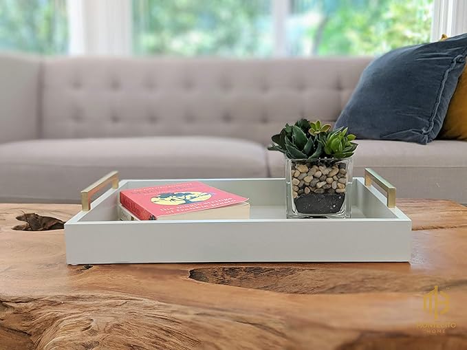 Decorative Coffee Table Tray - Ottoman Tray - Breakfast, Drinks, Liquor Serving Platter - from Farmhouse to Modern - Matte Finish - Champagne Gold Handles - Harbor Gray