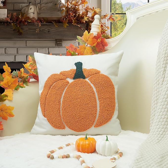 GEEORY Fall Pillow Covers 20x20 inch, Embroidered Pumpkins Throw Pillows Farmhouse Thanksgiving Decor Cushion Case for Sofa & Bed Home Decorations (Orange) GX002-1-20