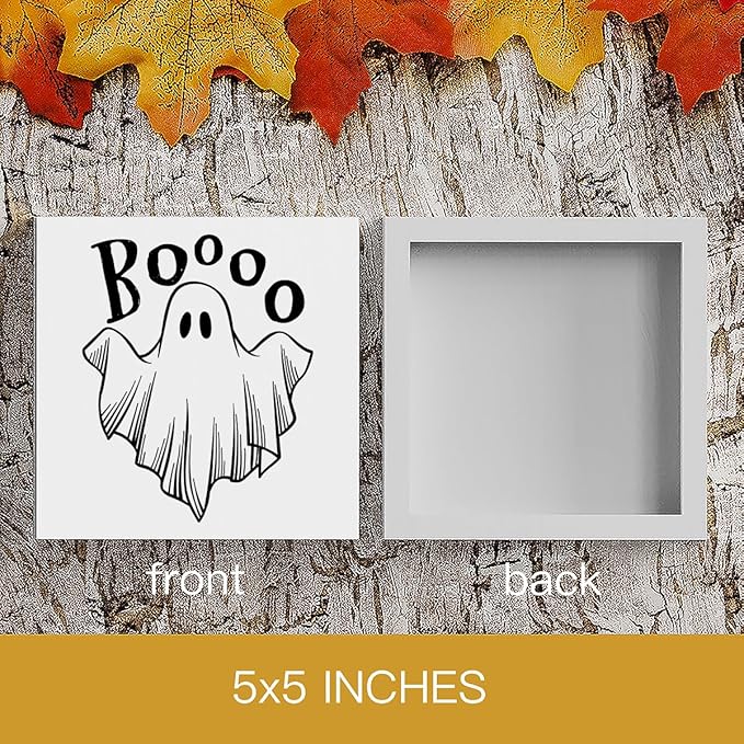 HTBIG Funny Halloween Decor Rustic Ghost Boo Spooky Vibes Farmhouse Wood Sign Decor for Home Rustic Wooden Shelf Season House Room Indoor Desktop 5 x 5 Inch