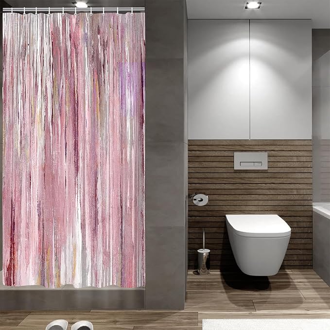 JAWO Small Stall Shower Curtain 47x64 Half Size - Pink Abstract Waterproof Fabric Shower Curtains for Bathroom, Cute Modern Aesthetic Abstract Strip RV Camper Narrow Bath Curtain with Hooks