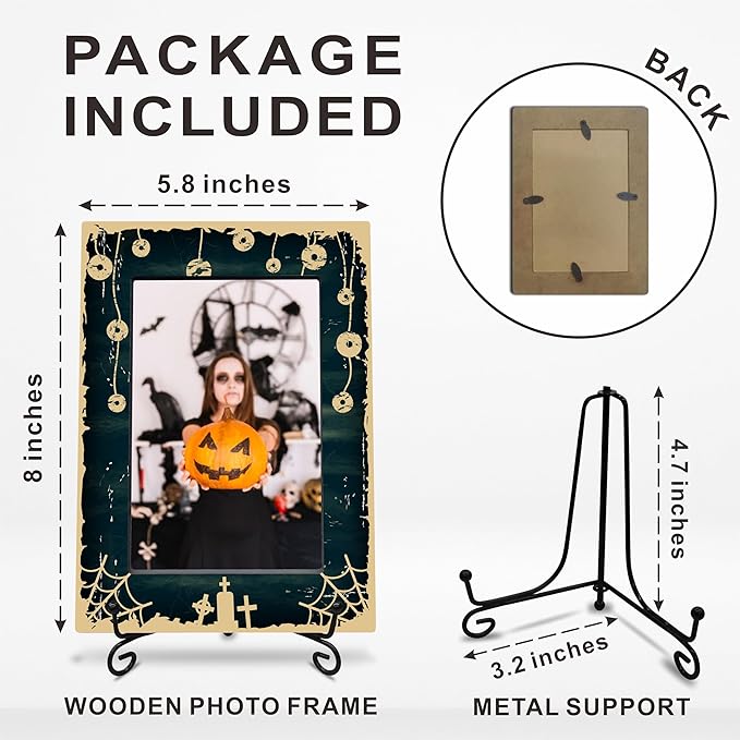 4X6" Halloween Picture Frame With A Metal Stand-Dark Style,Gifts for Kids Friends Family, Spider Web Wooden Photo Frame For Tabletop Display,Black Print,Halloween Decoration,Halloween Theme-A25