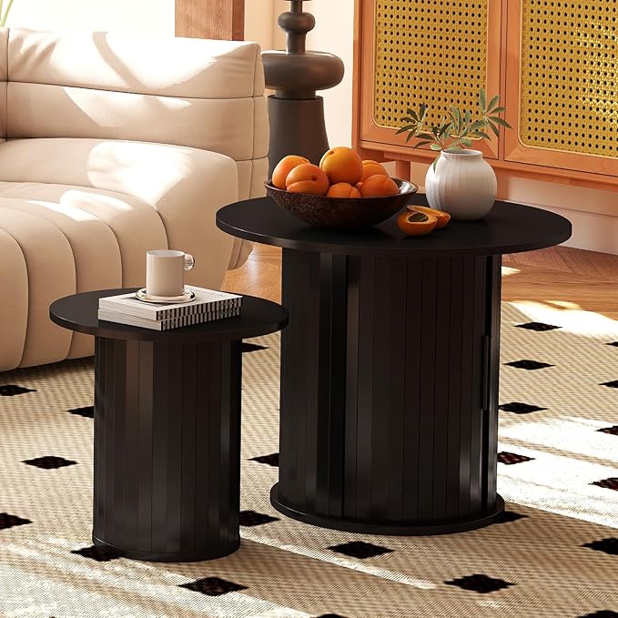Nesting Coffee Table Set of 2 with Hidden Storage & Sliding Door, Circle Wood Coffee Table, Farmhouse Side & End Table Sets for Living Room, Small Spaces, Black