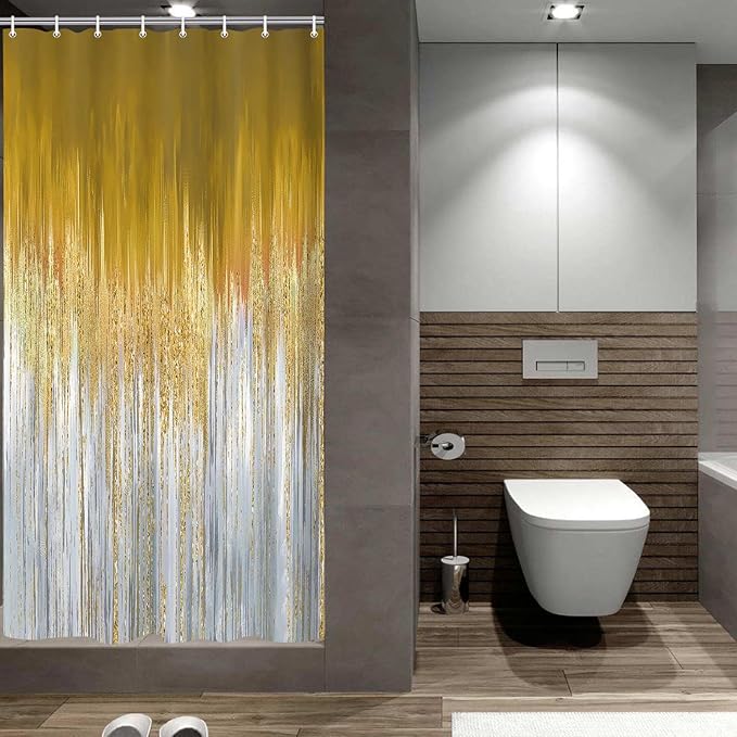 JAWO Abstract Blue Gold Shower Curtain, Marble Boho Ombre Minimalist Chic Art Shower Curtains, Modern Neutral Contemporary Striped Brush Strokes Tan Art Waterproof Bathroom Curtain with 12 Hooks