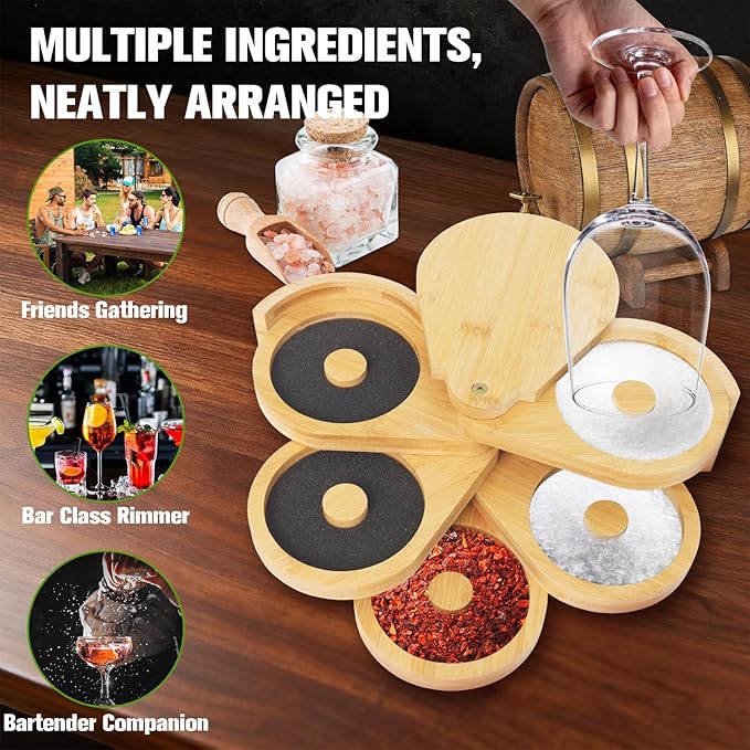 Bamboo 5-Tier Margarita Salt Rimmer Set with Swivel Lids & 5 Sponges – Cocktail Glass Rimmer for Home Bar, Bartender & Party Drinks, Eco-Friendly Design
