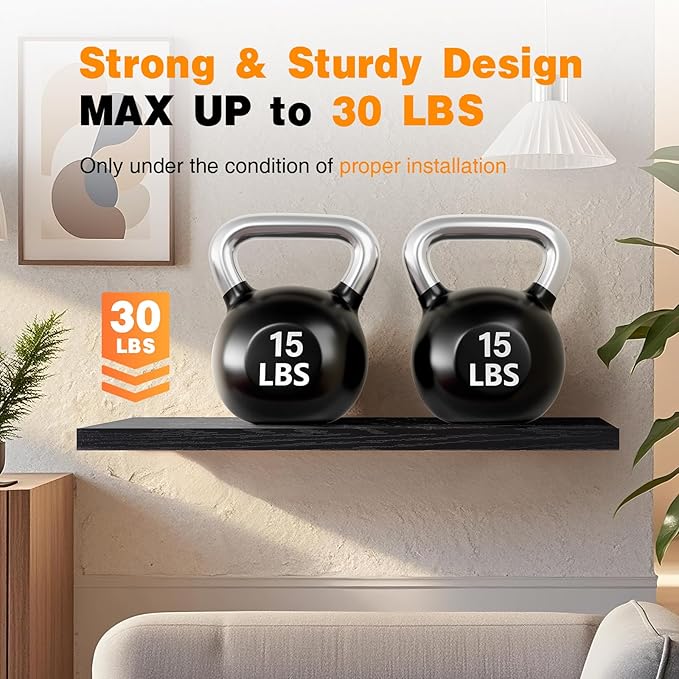 BAYKA Floating Shelves, 36 inch Wall Mounted Rustic Wood Shelves for Bathroom, Bedroom, Living Room, Kitchen, Office, Hanging Shelf for Books/Storage/Decor(Black,Set of 2)