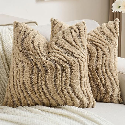 FUTEI Khaki Decorative Throw Pillow Covers 26x26 Inch Set of 2,Soft Faux Fur Geometric Shapes Texture Euro Pillow Shams,Boho Home Decor for Couch Bed Living Room