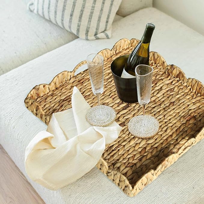 Extra Large Square Ottoman Table Tray 19.7" with Handles - Water Hyacinth Wicker Serving Wicker Tray for Farmhouse Decorative Oversized Coffee Table Living Room Kitchen Counter Breakfast Scalloped