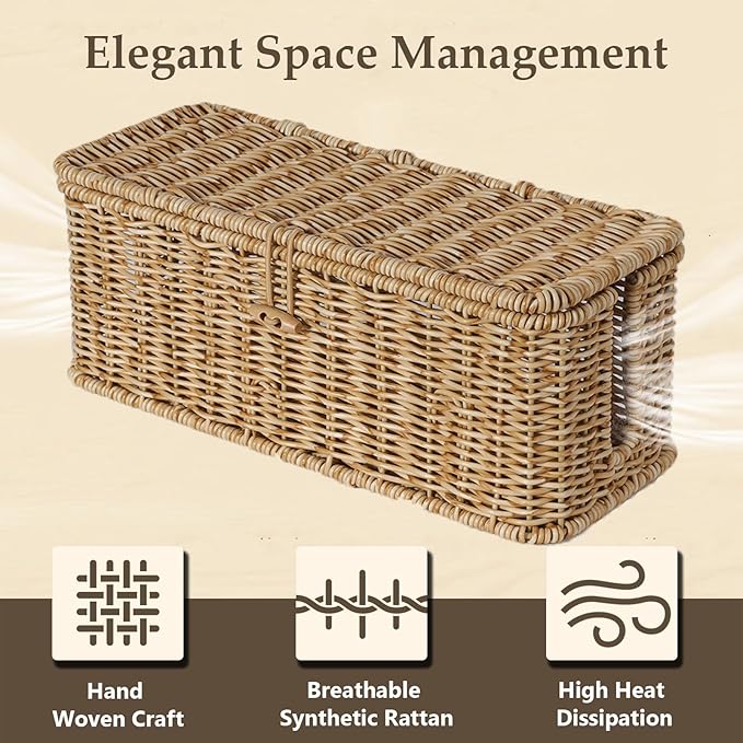 BROWNLILY Cable Management Box, Rattan Style Cord Organizer for Desk Cord Hider Outlet Covers Baby Proofing for Power Strip TV PC Router Charger Under Desk Storage with Lockable Lid and Cable Ties