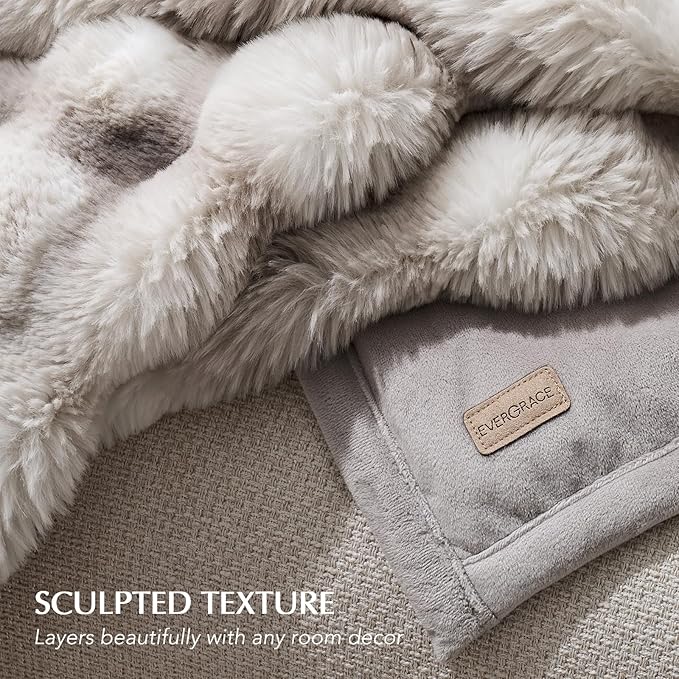 EverGrace Ultra Soft Luxury Fluffy Faux Rabbit Fur Throw Blanket, Thick Warm Bubble Throw for Bed, Cozy Plush Reversible Blankets for Couch, Chair, Sofa, Light Grey, 50x60 Inches