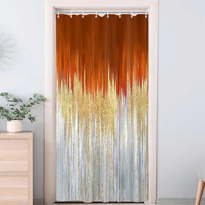 JAWO Abstract Orange Shower Curtain, Gold Blue Boho Ombre Minimalist Chic Art Shower Curtains, Modern Neutral Contemporary Striped Brush Strokes Tan Art Waterproof Bathroom Curtain with 12 Hooks