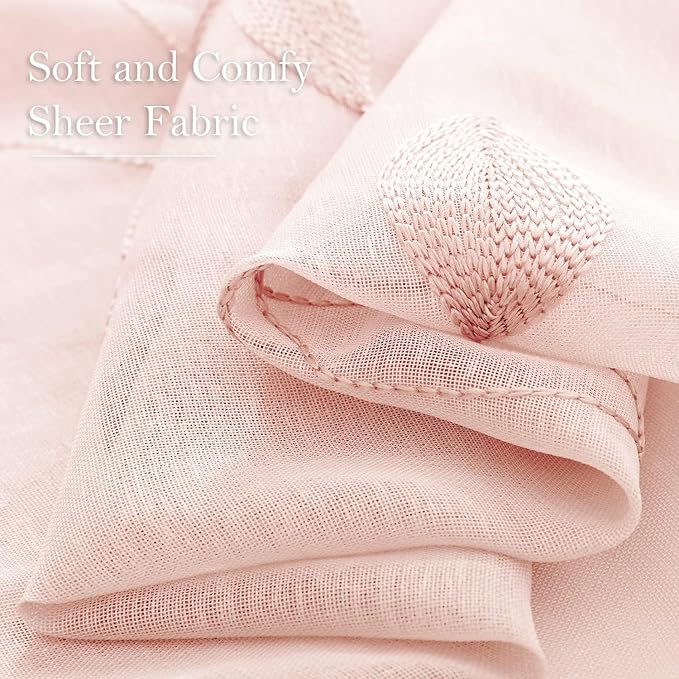 HOMEIDEAS Blush Pink Sheer Curtains 52 X 96 Inches Length 2 Panels Embroidered Leaf Pattern Pocket Faux Linen Floral Semi Sheer Voile Window Drapes for Bedroom Living Room