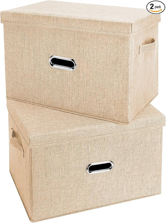 Large Linen Fabric Foldable Storage Bins with Removable Lid and Handles, Washable Storage Box Organizer Containers Baskets Cube with Cover for Bedroom,Closet,Office (Khaki, Small(2-Pack))