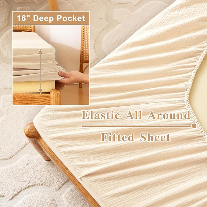 Twin Sheets Set 100% Cotton Bed Sheets Gauze 3 Pcs Linen Like Textured Beige Fall 16" Deep Pocket Sheet & Pillowcase Sets Boho Muslin Soft Bedding Sets for All Season Machine Wash