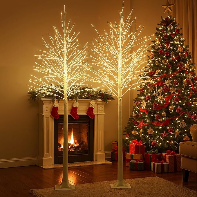 Baquler 2 Pack Lighted Birch Tree - Artificial LED Warm-White Light Birch Tree Decoration for Christmas Holiday Party Wedding Festival Decor, Indoor & Outdoor (8 ft)