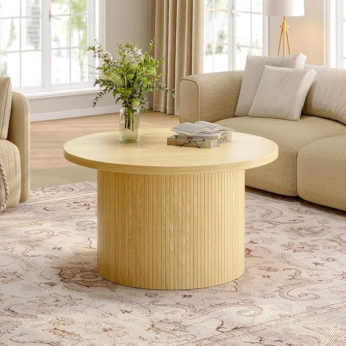 ONBRILL 31.5" Round Coffee Table, Tambour Design Coffee Tables for Living Room, Mid Century Modern Wood Coffee Table, Drum Accent Small Center Table, Oak