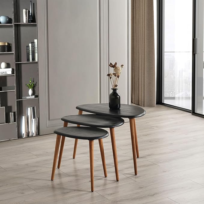 Solid Wood Nesting Coffee Table Set of 3 - Mid Century Modern Pebble Tables with Tapered Legs – Wooden Home Furniture in a Retro Style (Black)