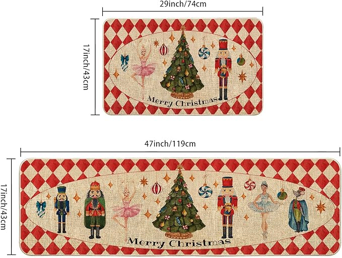 VAKADO Christmas Kitchen Rugs Door Mat Set of 2,for Decor Kitchen Door Front Doormat Nutcracker Floor Decorations Stain Fade Resistant Non-Slip Rubber Backing Rug(17x29 Inch,17x47 Inch)
