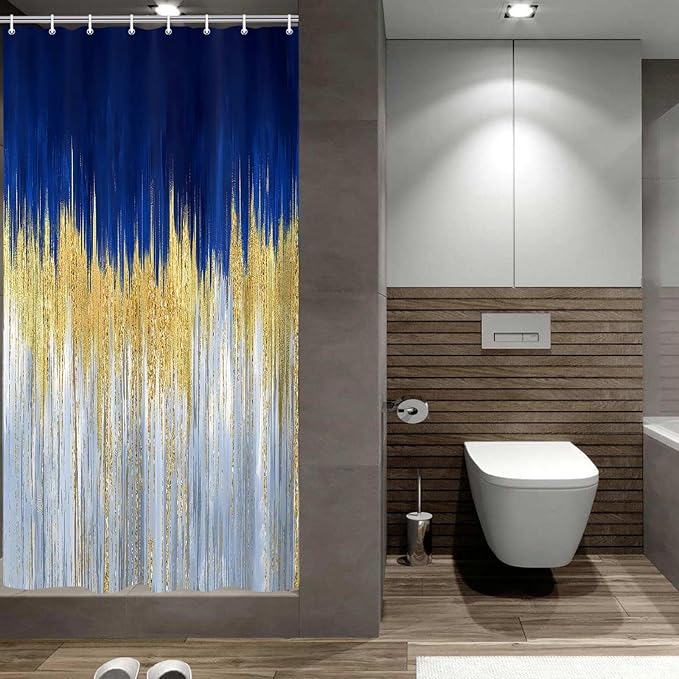 JAWO Abstract Blue Shower Curtain, Gold Blue Boho Ombre Minimalist Chic Art Shower Curtains, Modern Neutral Contemporary Striped Brush Strokes Tan Art Waterproof Bathroom Curtain with 12 Hooks
