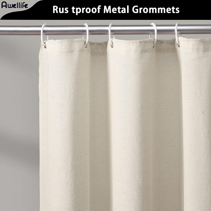 Awellife Farmhouse Cream Shower Curtain Button Linen Textured Woven Fabric,Country Style (Cream & Black, 72" W x 72" L)