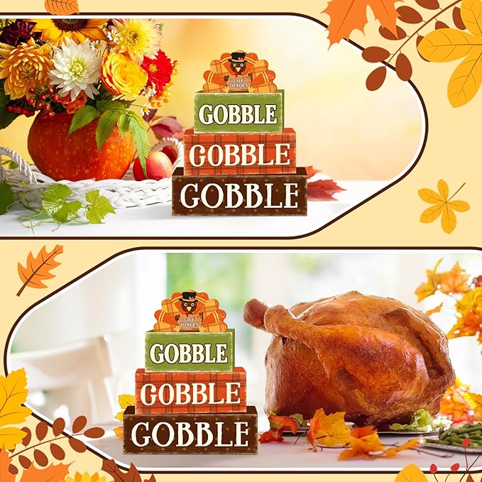 4 Pcs Fall Decorations for Home Thanksgiving Turkey Tiered Tray Decor, Fall Table Decor Farmhouse Rustic Wooden Turkey Block Sign Autumn Harvest Tabletop Centerpieces for Home Kitchen Indoor