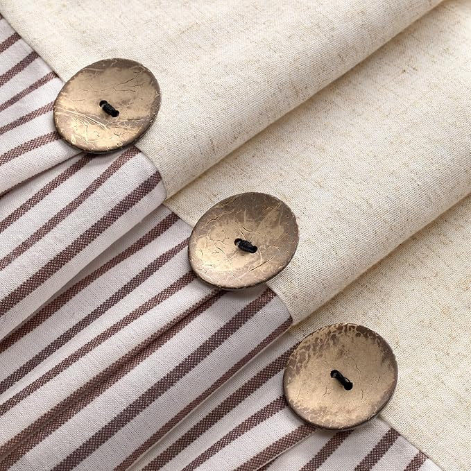Awellife Farmhouse Beige Shower Curtain Button Linen Textured Woven Fabric,Pleated Beige Stripe,Country Style,72" W x 84" L