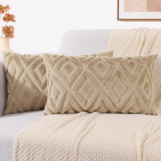 decorUhome Couch Throw Pillow Covers 12x20 Set of 2, Decorative Soft Plush Faux Wool Lumbar Neutral Accent Pillow Covers for Bed Sofa Living Room, Light Khaki