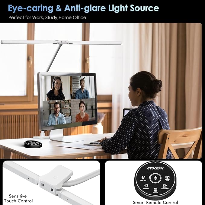Desk Lamp with Metal Base, 31.5" LED Office Lamp for Home Office, 24W Double Head Desk Light, Dimmable & Color Temperature, Table Lamp with Remote Control, Brightest Computer Monitor Light