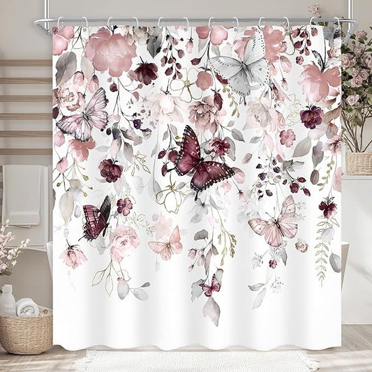 Grey Pink Floral Butterfly Shower Curtain 72Wx72L Inch Spring Summer Plant Natural Gold Green Leaves Botanic Bathroom Set Country Woman Girl Elegant Bath Curtain Bathtub Accessories Home Decor