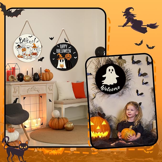 3 Pcs Happy Halloween Door Decorations Halloween Wreath Cute Ghost Pumpkin Front Door Decor Bat Hat Welcome Hanging Sign Wooden Front Hanger for Farmhouse Wall Indoor Home Decor