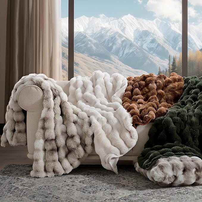 EverGrace Ultra Soft Luxury Fluffy Faux Rabbit Fur Throw Blanket, Thick Warm Bubble Throw for Bed, Cozy Plush Reversible Blankets for Couch, Chair, Sofa, Ivory White, 60x80 Inches