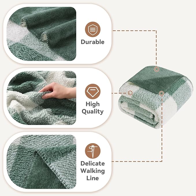LURKA Checkered Sherpa Fleece Throw Blanket - Extra Thick and Warm Winter Soft Fuzzy Plush Blanket for Couches, Beds & Pets, Sage, 50x60 Inches