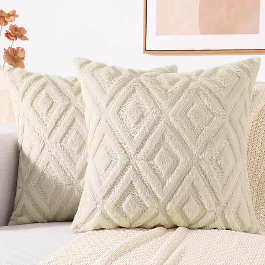 decorUhome Couch Throw Pillow Covers 16x16 Set of 2, Decorative Soft Plush Faux Wool Neutral Accent Pillow Covers for Bed Sofa Living Room, Beige