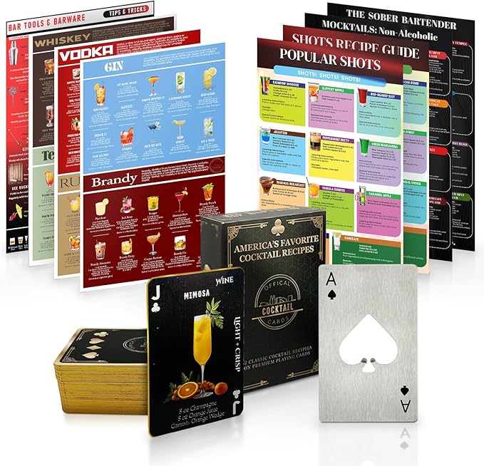 Recipe Mix Drink Kit - 120+ Alcoholic & Non-Alcoholic Cocktails, Bar Kit, Bartender Gift for Men & Women (1PK Black Cards + Charts)